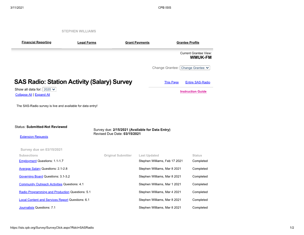 Station Activity (Salary) Survey This Page Entire SAS-Radio Show All Data For: 2020 Instruction Guide Collapse All | Expand All