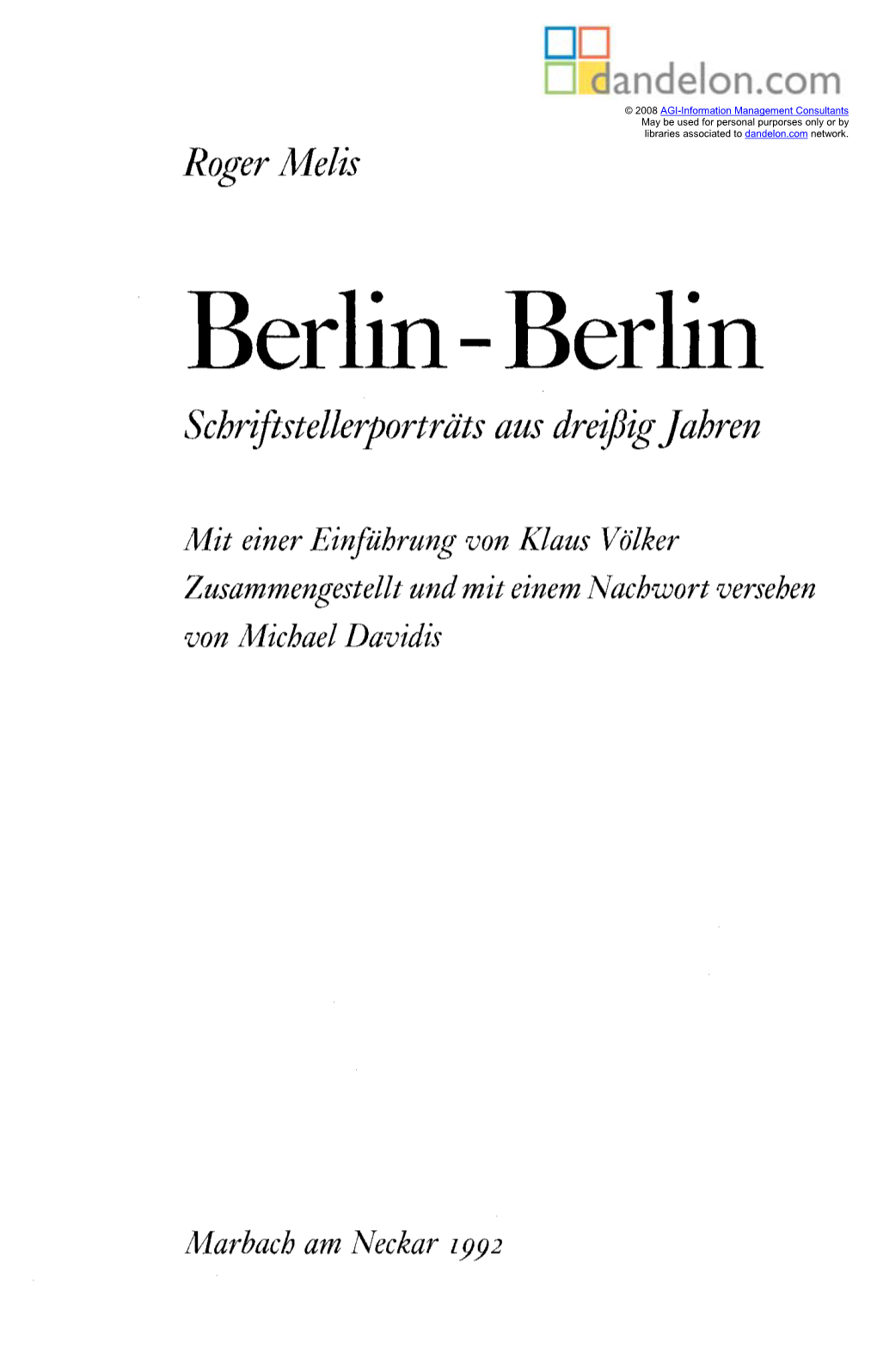 Berlin - Berlin Schriftstellerporträts Aus Dreißig Jahren