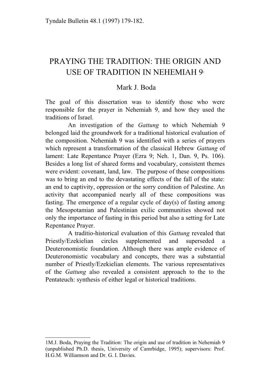 Praying the Tradition: the Origin and Use of Tradition in Nehemiah 9