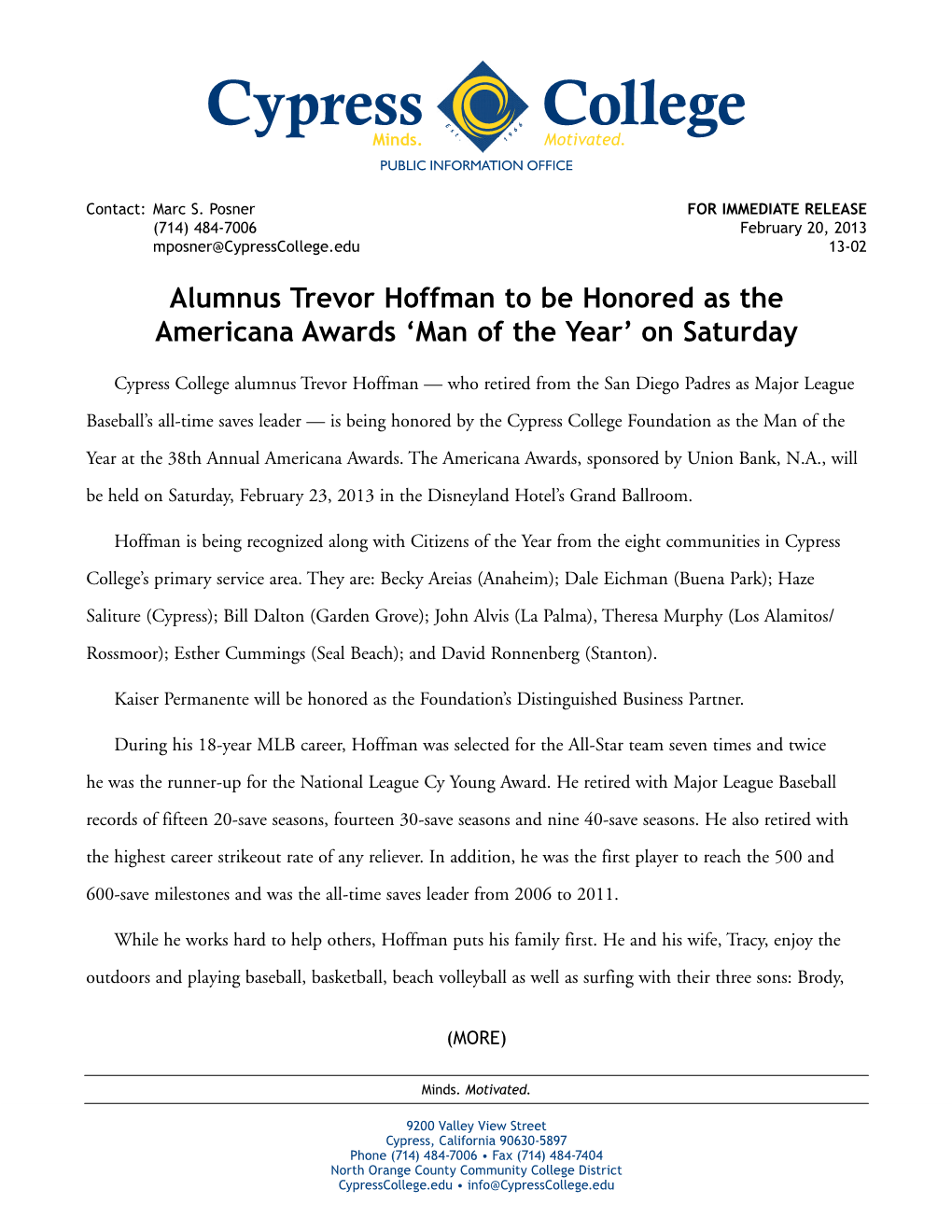 Alumnus Trevor Hoffman to Be Honored As the Americana Awards ‘Man of the Year’ on Saturday