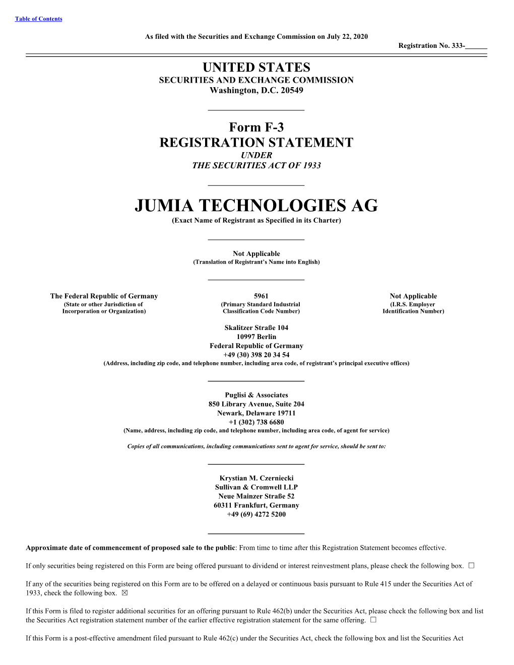 JUMIA TECHNOLOGIES AG (Exact Name of Registrant As Specified in Its Charter)