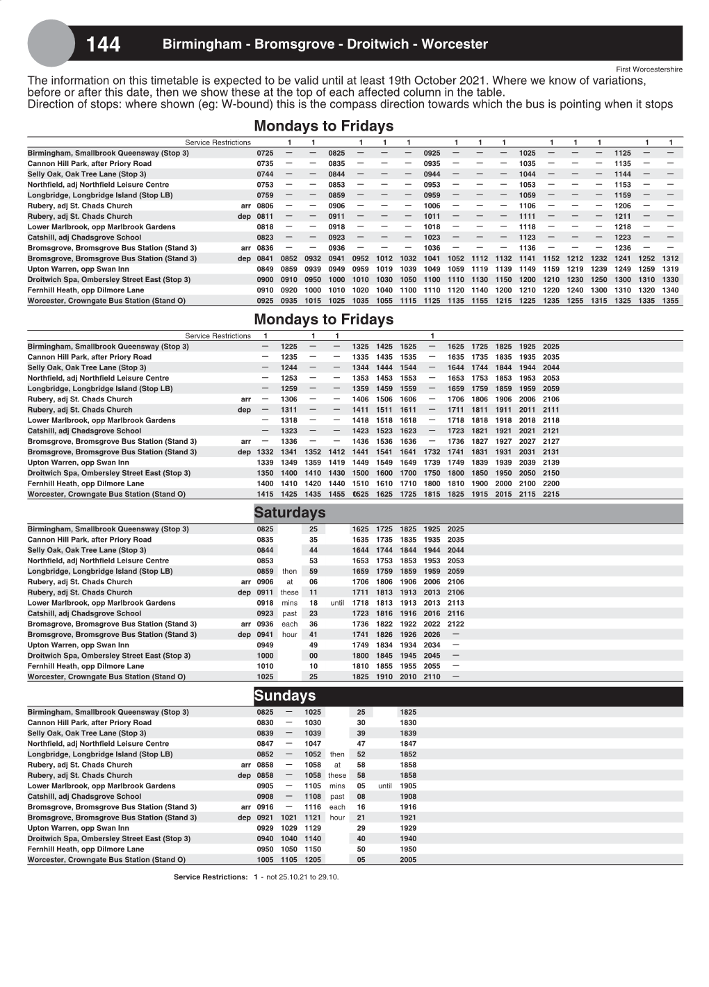 144 Birmingham - Bromsgrove - Droitwich - Worcester