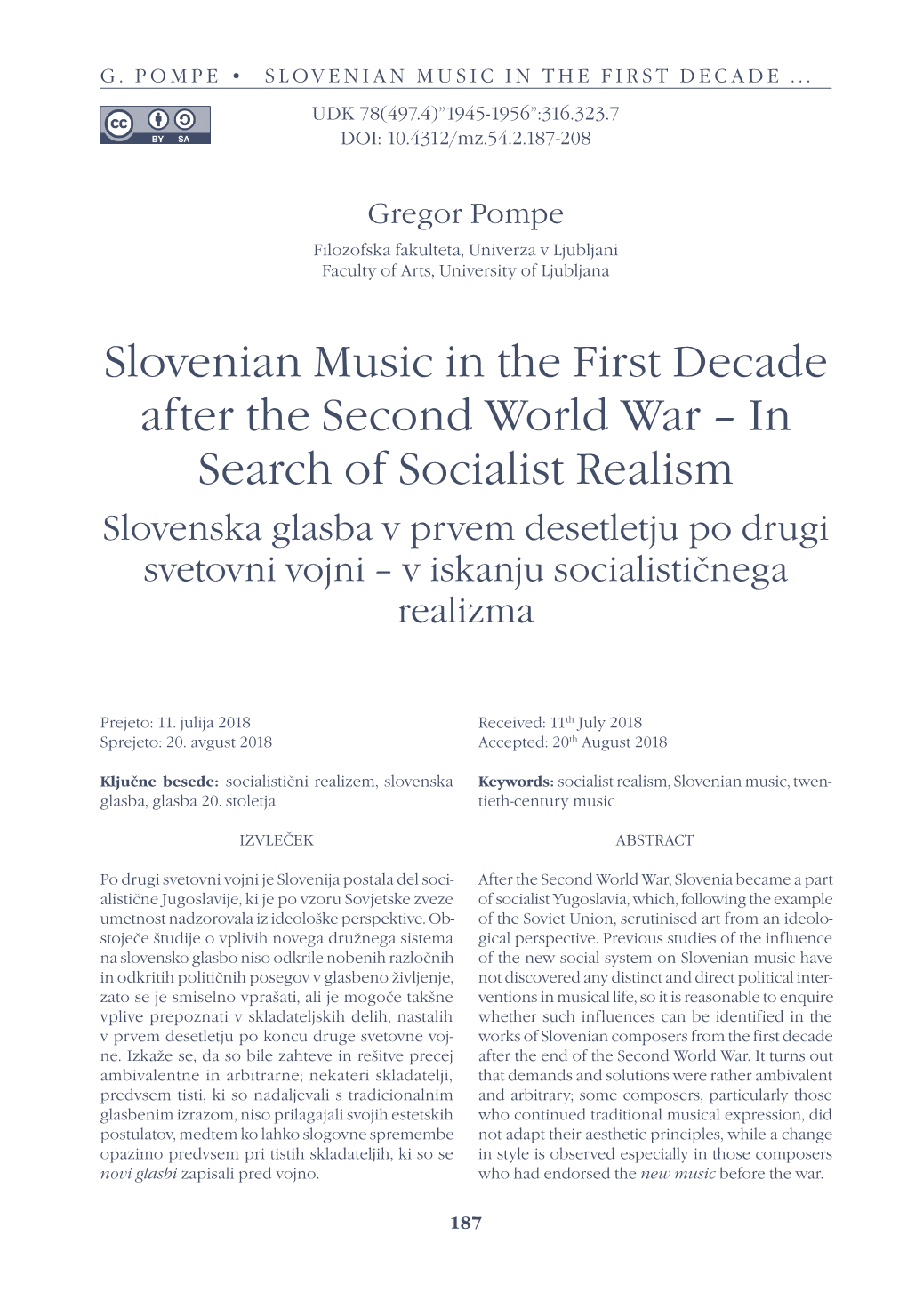 Slovenian Music in the First Decade After the Second World
