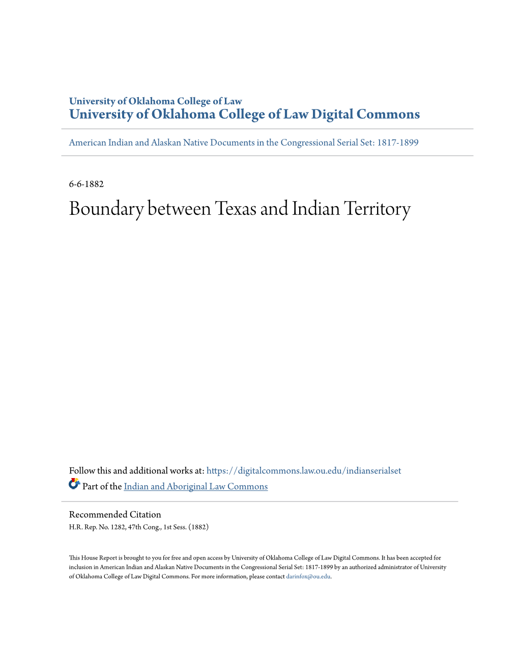 Boundary Between Texas and Indian Territory