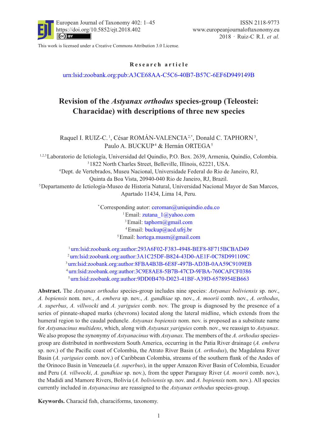 Revision of the Astyanax Orthodus Species-Group (Teleostei: Characidae) with Descriptions of Three New Species