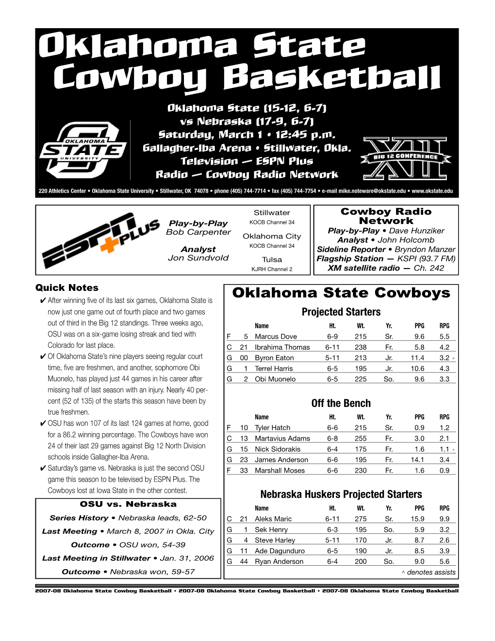 Oklahoma State Cowboy Basketball Oklahoma State (15-12, 6-7) Vs Nebraska (17-9, 6-7) Saturday, March 1 • 12:45 P.M