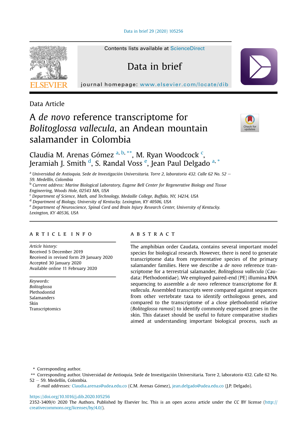 A De Novo Reference Transcriptome for Bolitoglossa Vallecula, an Andean Mountain Salamander in Colombia