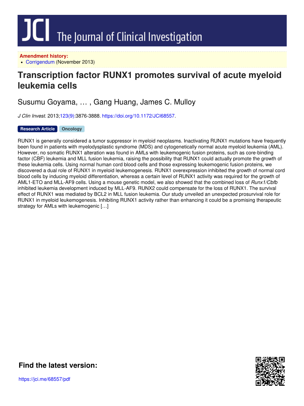 Transcription Factor RUNX1 Promotes Survival of Acute Myeloid Leukemia Cells
