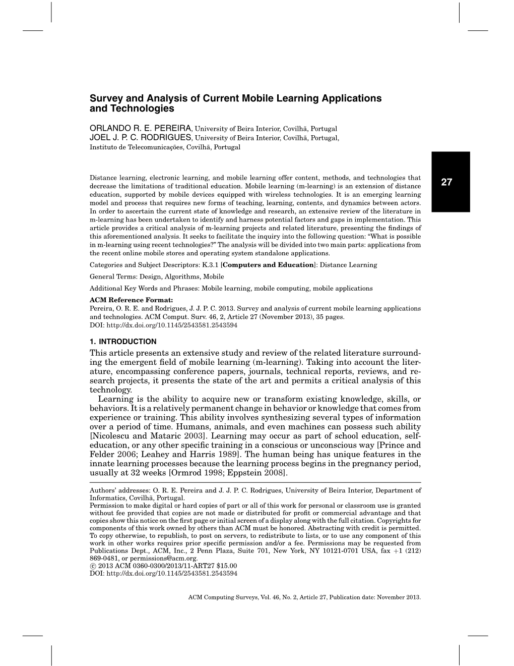 27 Survey and Analysis of Current Mobile Learning Applications and Technologies