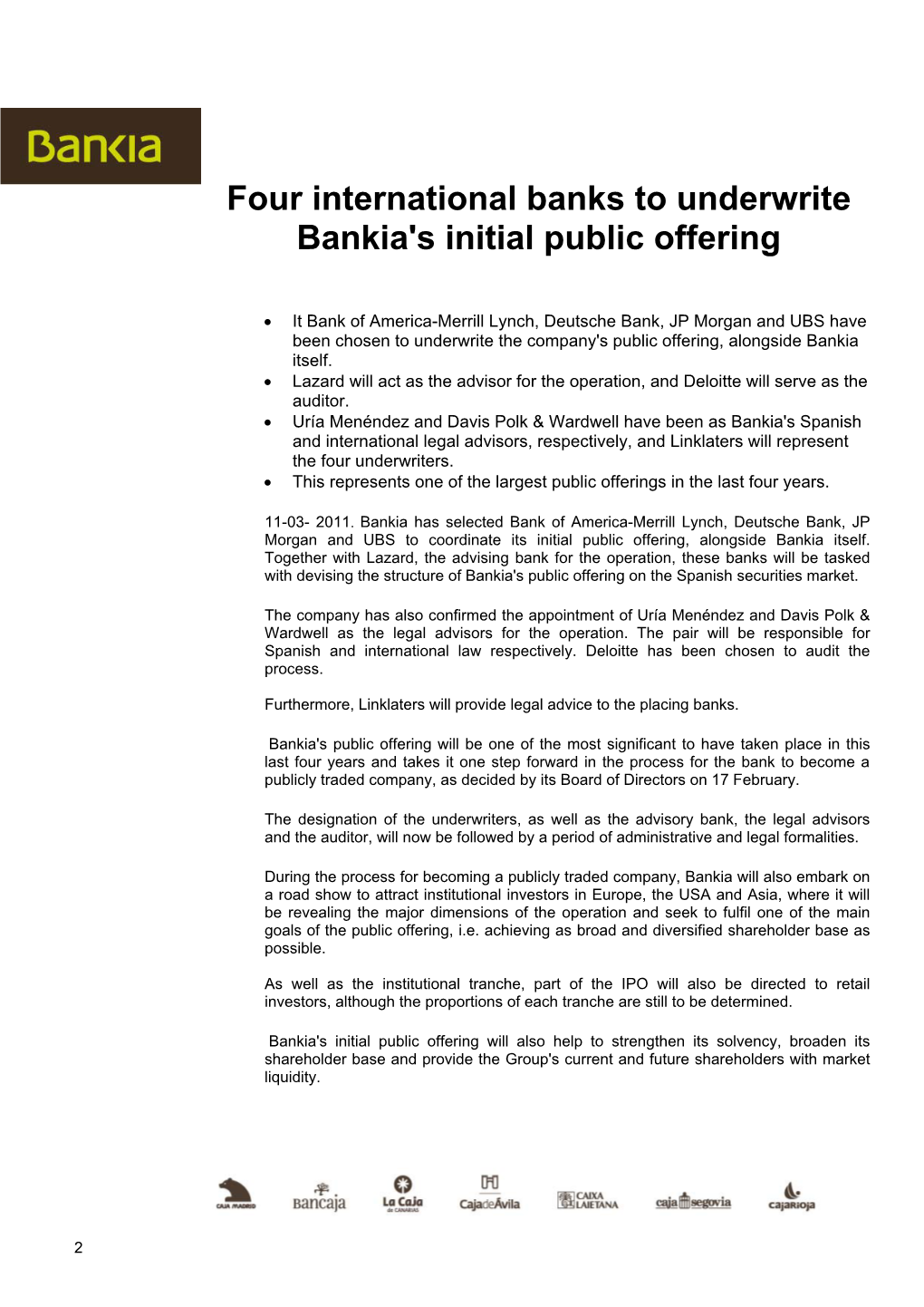Four International Banks to Underwrite Bankia's Initial Public Offering