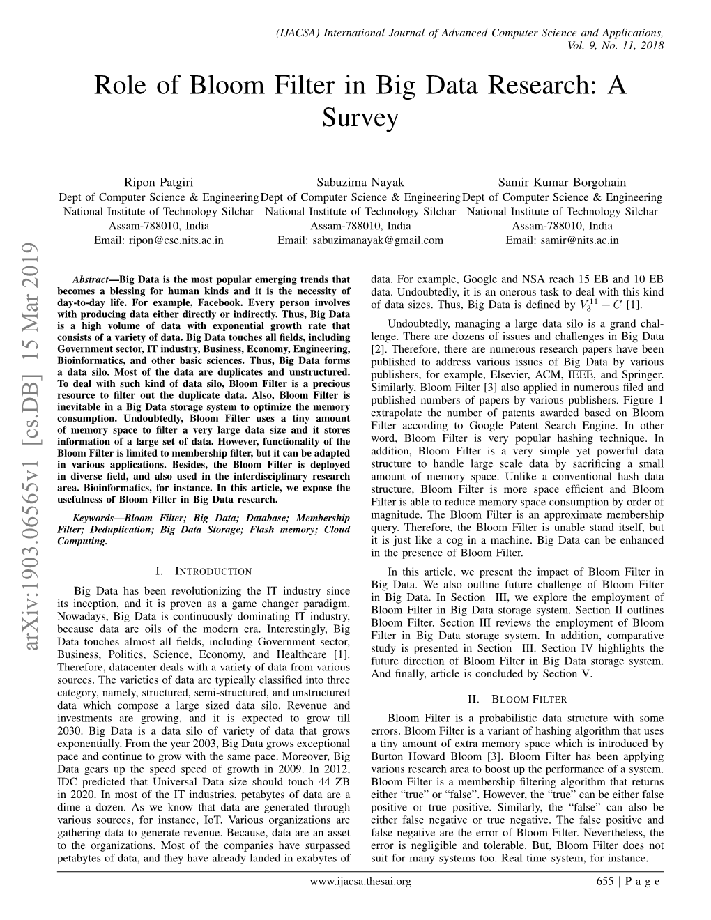 Role of Bloom Filter in Big Data Research: a Survey