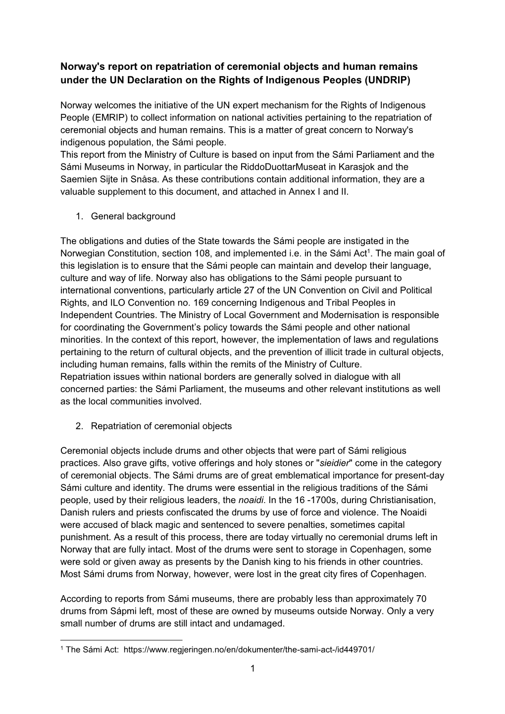 Norway's Report on Repatriation of Ceremonial Objects and Human Remains Under the UN Declaration on the Rights of Indigenous Peoples (UNDRIP)