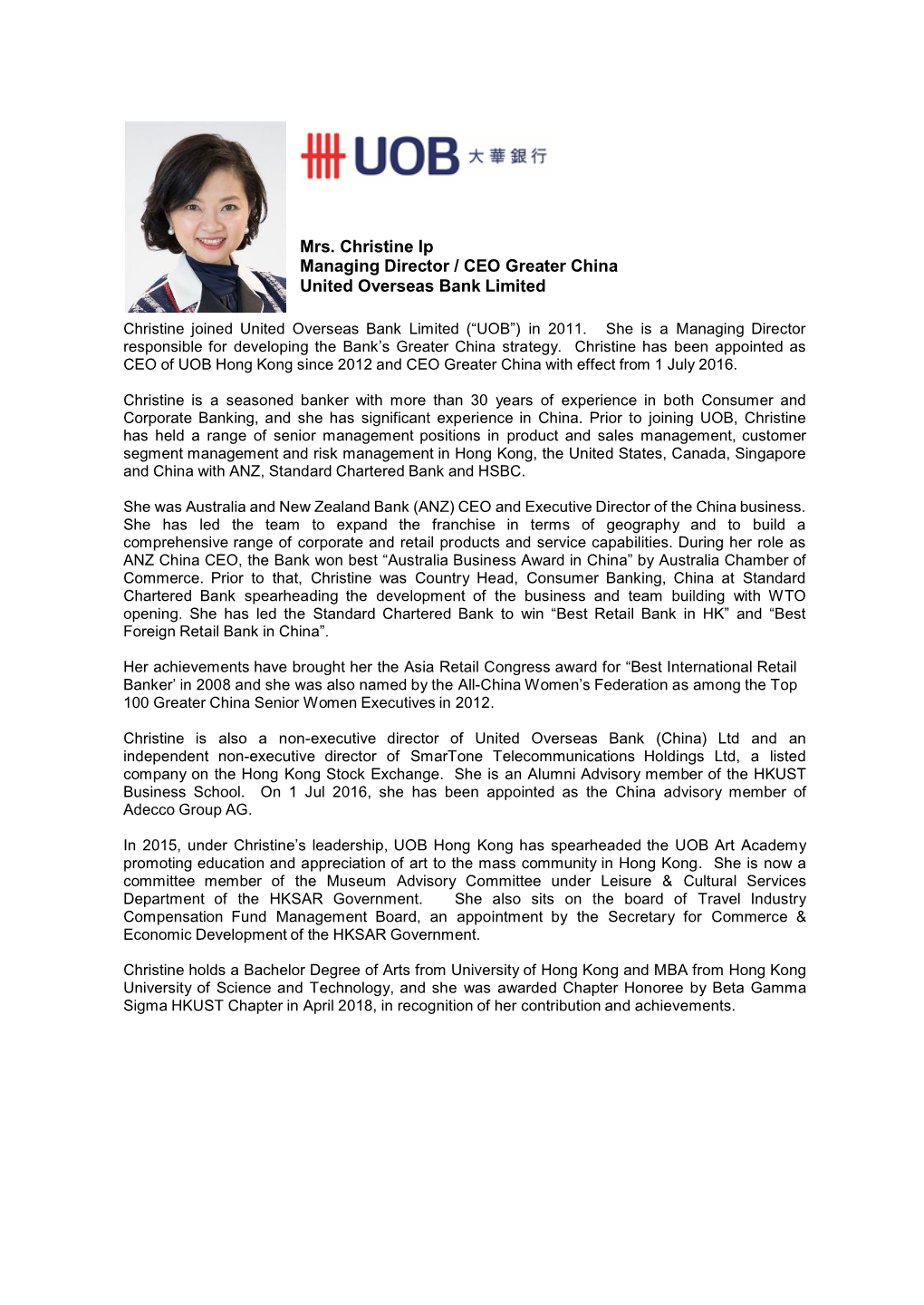 Mrs. Christine Ip Managing Director / CEO Greater China United Overseas Bank Limited