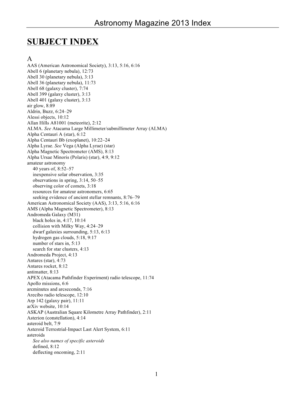 Astronomy 2013 Index