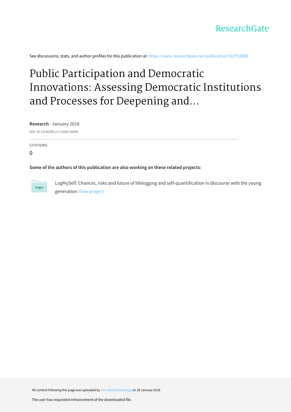 Public Participation and Democratic Innovations: Assessing Democratic Institutions and Processes for Deepening And