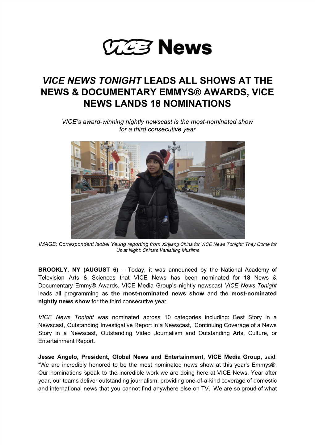 Vice News Tonight​ Leads All Shows at the News & Documentary Emmys® Awards, Vice News Lands 18 Nominations