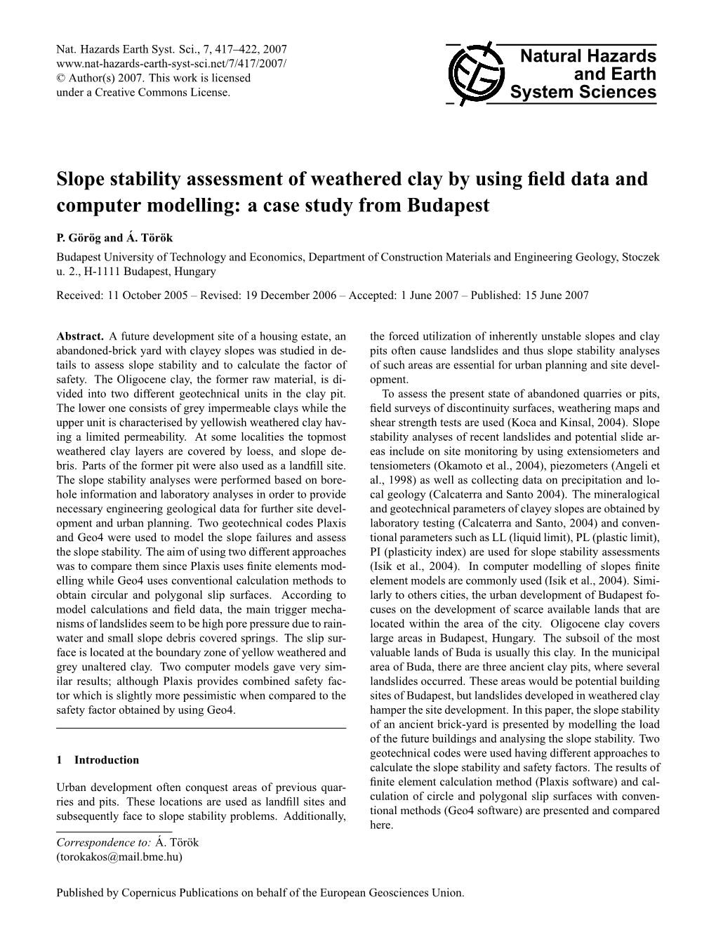 Slope Stability Assessment of Weathered Clay by Using ﬁeld Data and Computer Modelling: a Case Study from Budapest