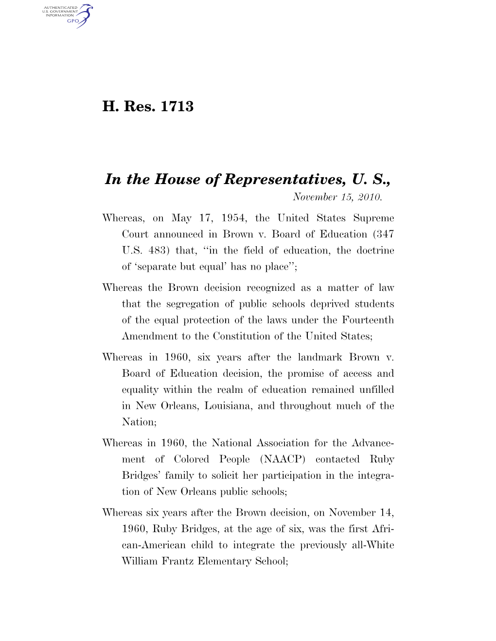 H. Res. 1713 in the House of Representatives, U
