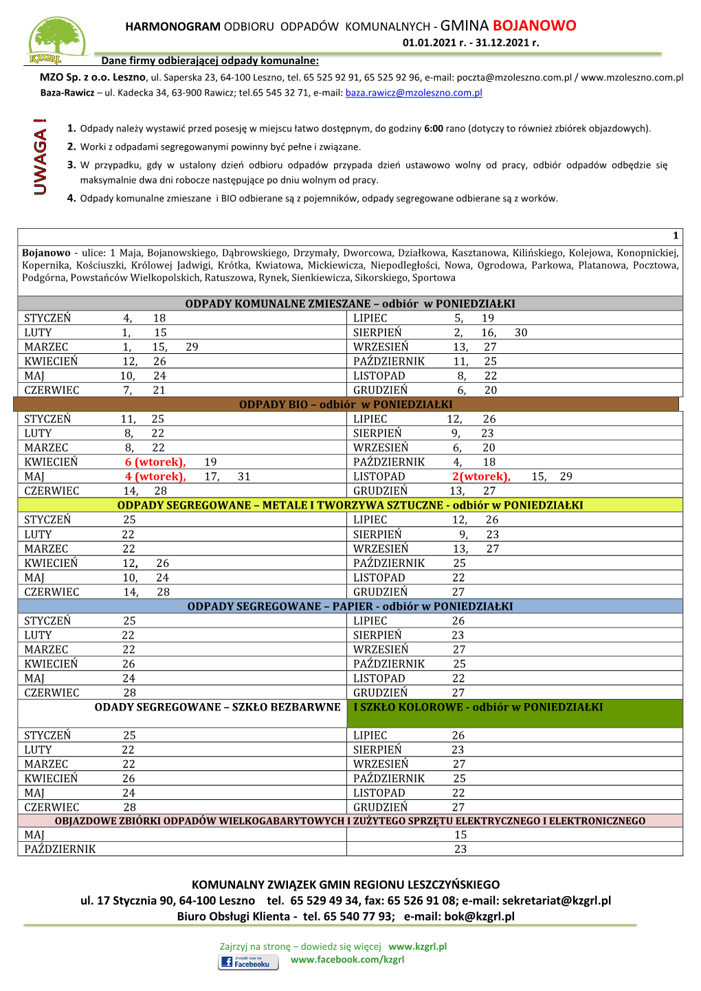 HARMONOGRAM ODBIORU ODPADÓW KOMUNALNYCH - GMINA BOJANOWO 01.01.2021 R