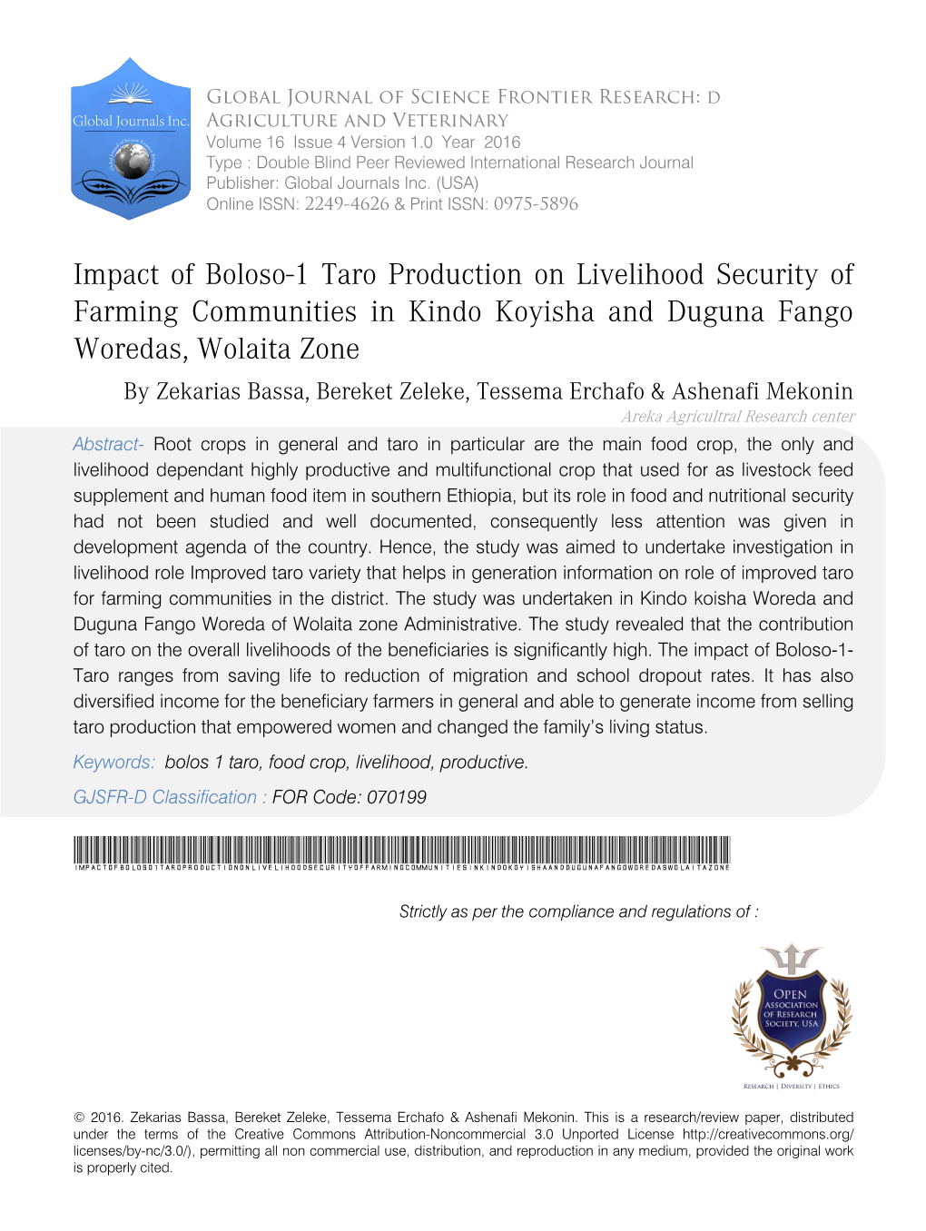 Impact of Boloso-1 Taro Production on Livelihood Security of Farming Communities in Kindo Koyisha and Duguna Fango Woredas, Wola