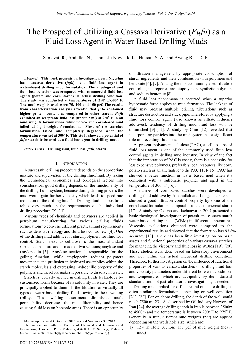 The Prospect of Utilizing a Cassava Derivative (Fufu) As a Fluid Loss Agent in Water Based Drilling Muds