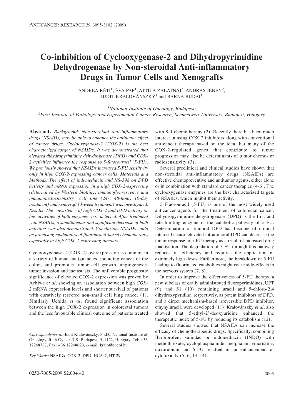 Co-Inhibition of Cyclooxygenase-2 and Dihydropyrimidine Dehydrogenase by Non-Steroidal Anti-Inflammatory Drugs in Tumor Cells and Xenografts