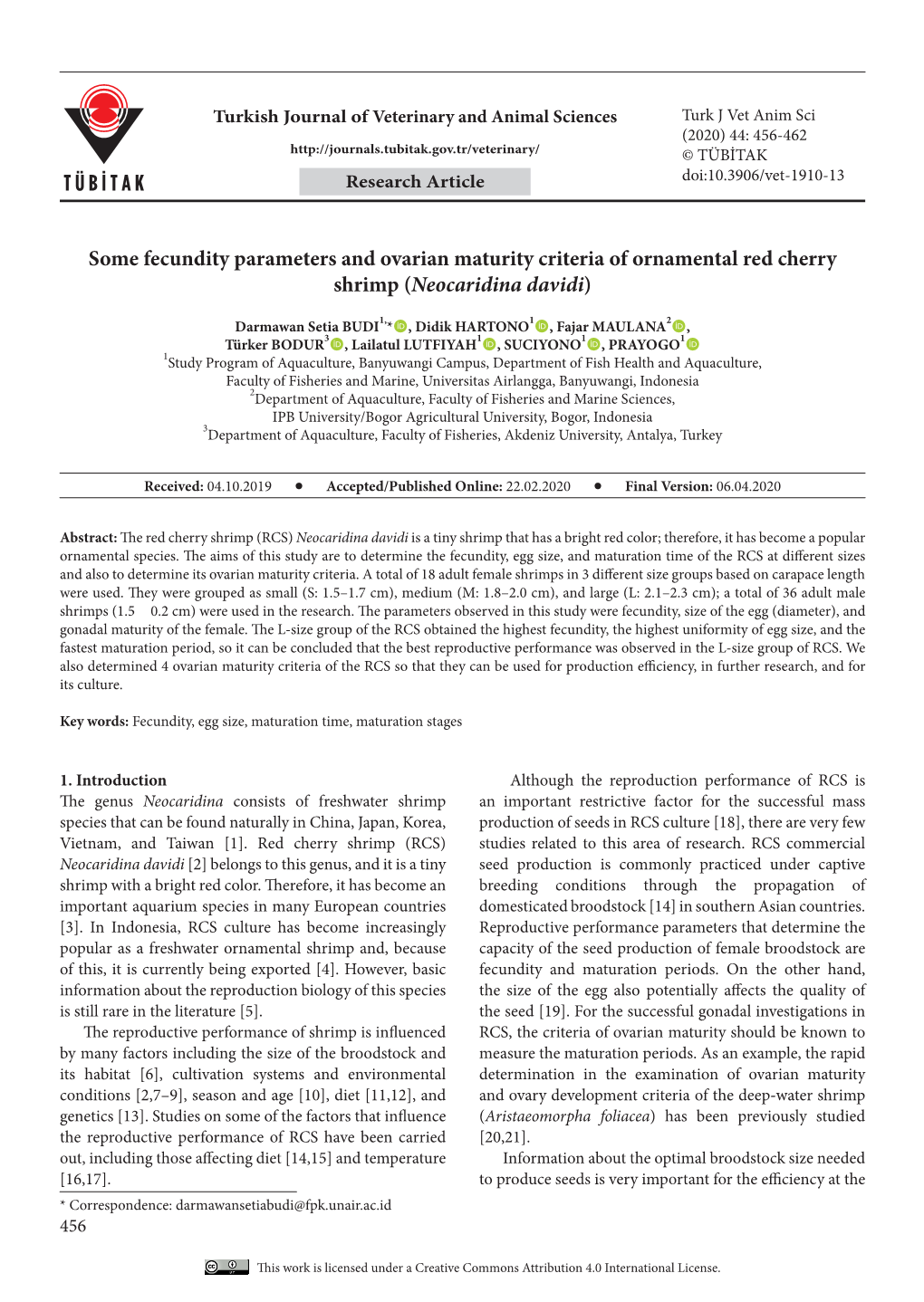 Some Fecundity Parameters and Ovarian Maturity Criteria of Ornamental Red Cherry Shrimp (Neocaridina Davidi)