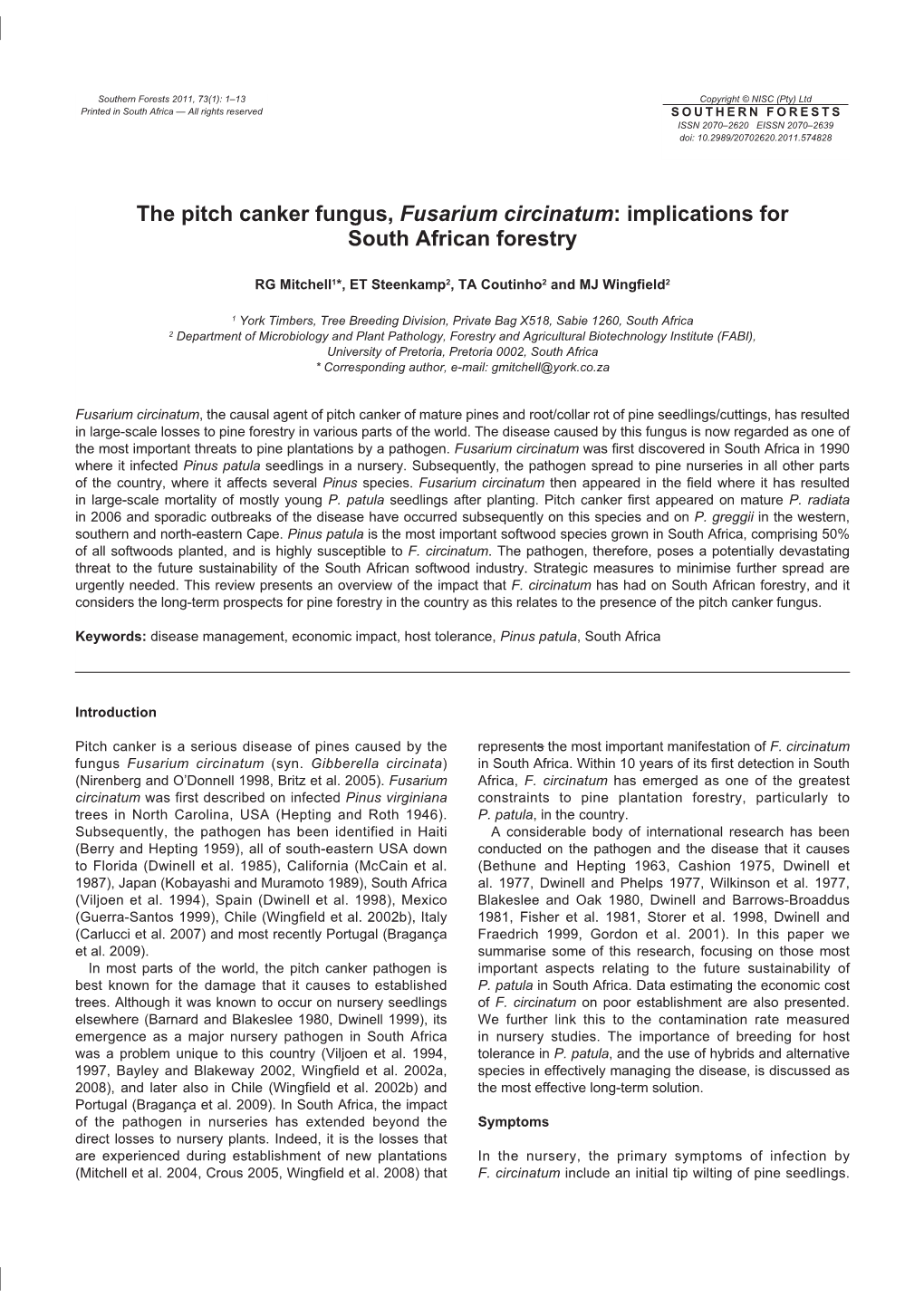 The Pitch Canker Fungus, Fusarium Circinatum: Implications for South African Forestry