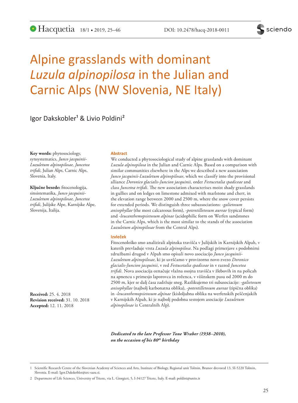 Alpine Grasslands with Dominant Luzula Alpinopilosa in the Julian and Carnic Alps (NW Slovenia, NE Italy)