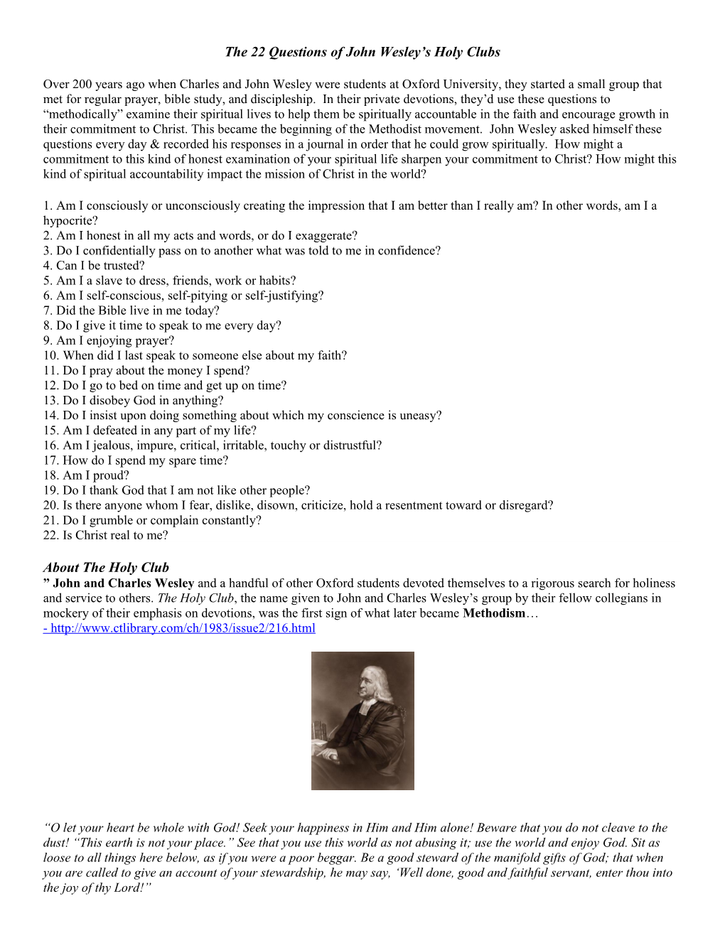 The 22 Questions of John Wesley's Holy Clubs About the Holy Club