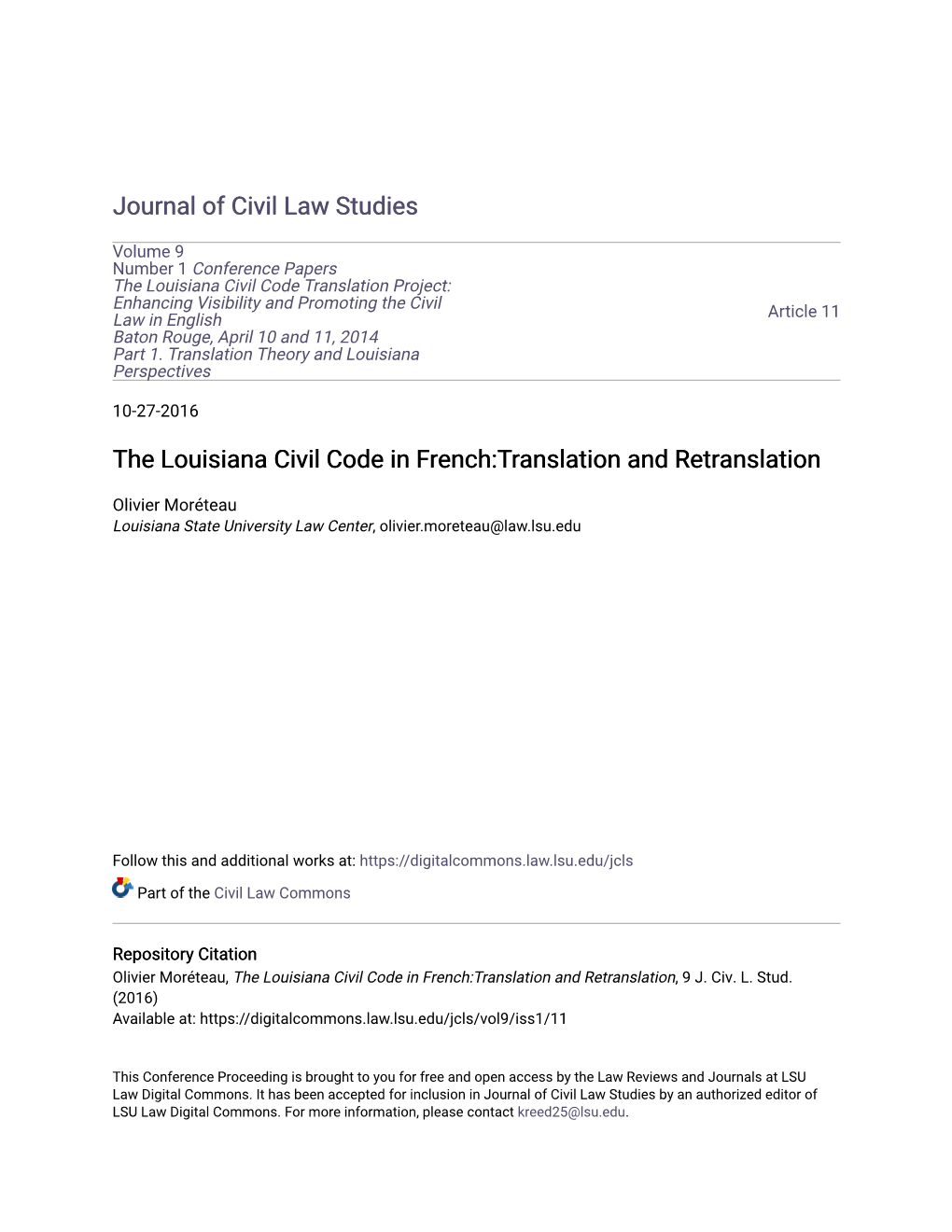 The Louisiana Civil Code in French:Translation and Retranslation