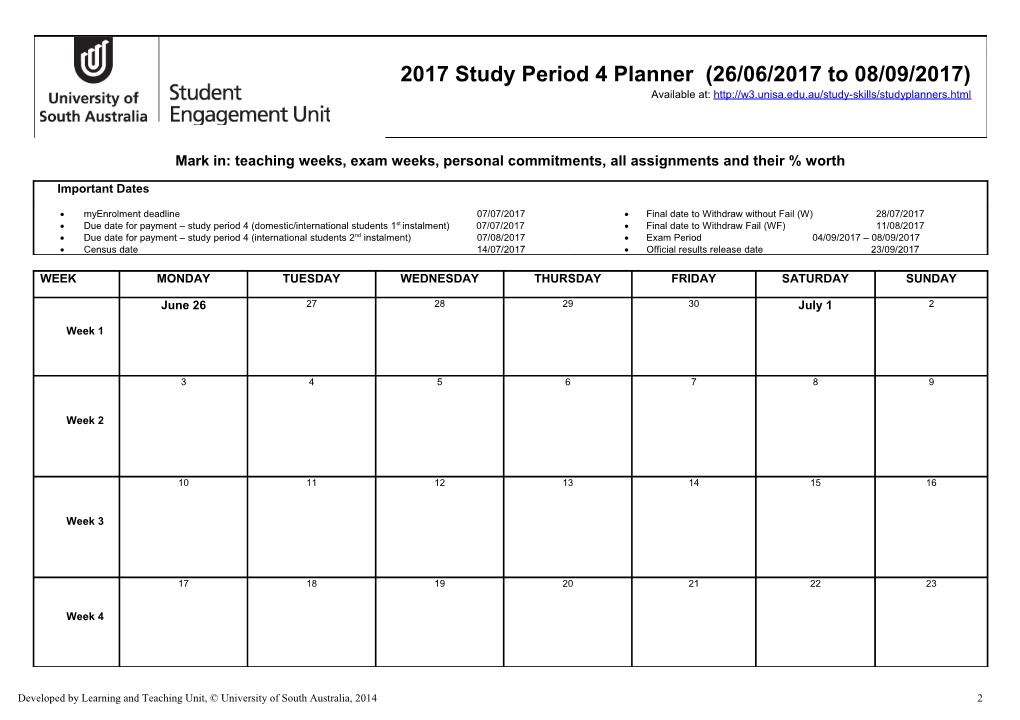 Due Date for Payment Study Period 4 (Domestic/International Students1st Instalment) 07/07/2017