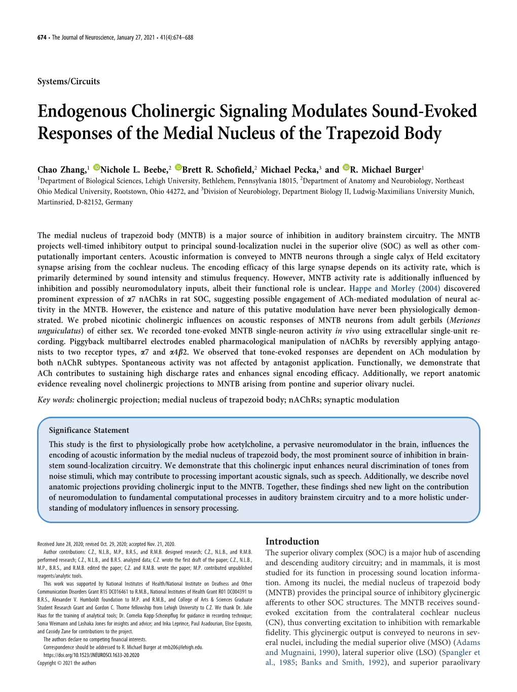 Endogenous Cholinergic Signaling Modulates Sound-Evoked Responses of the Medial Nucleus of the Trapezoid Body