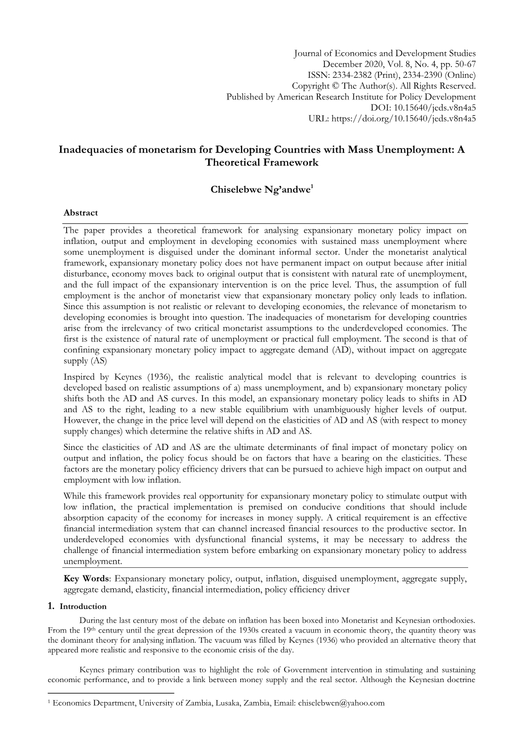 Inadequacies of Monetarism for Developing Countries with Mass Unemployment: a Theoretical Framework