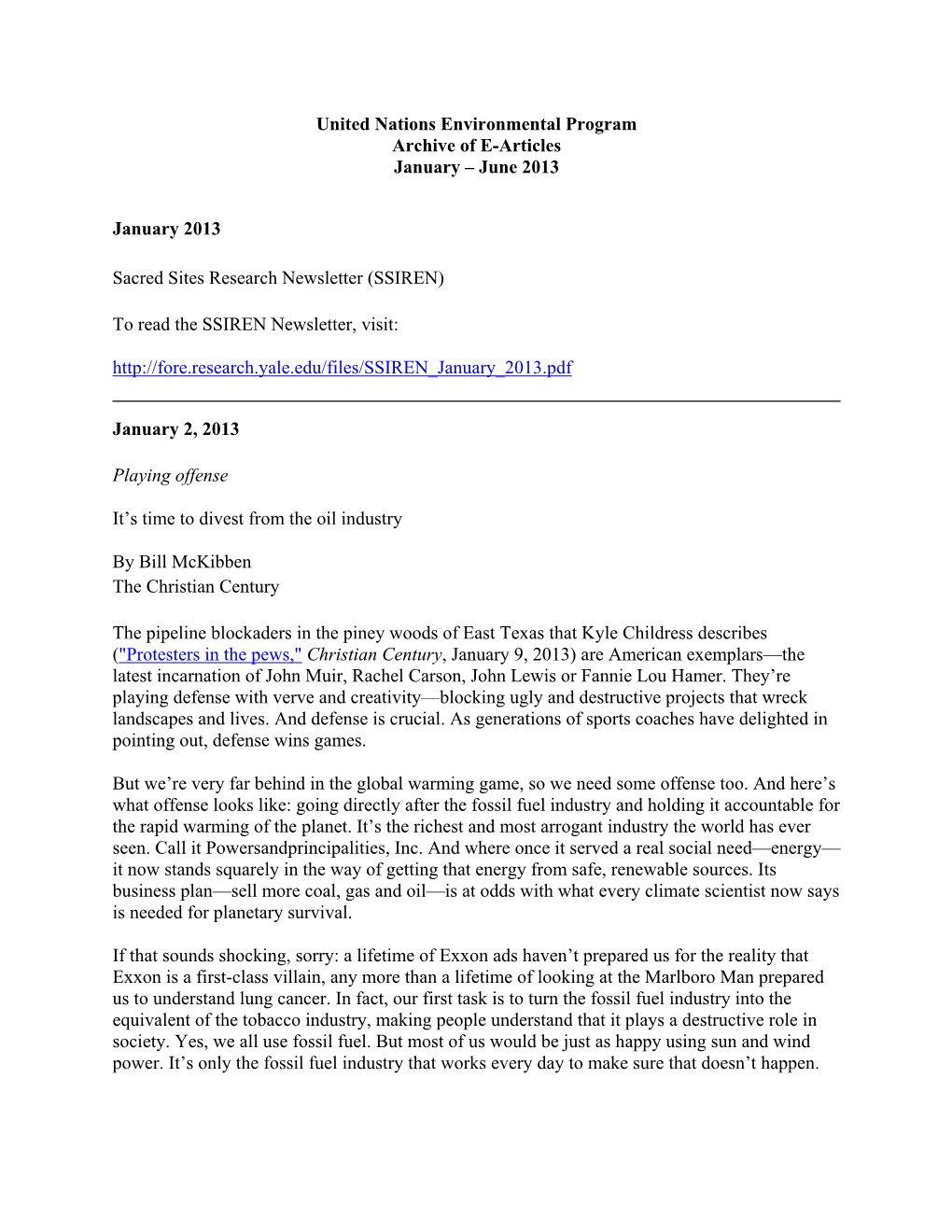 United Nations Environmental Program Archive of E-Articles January – June 2013