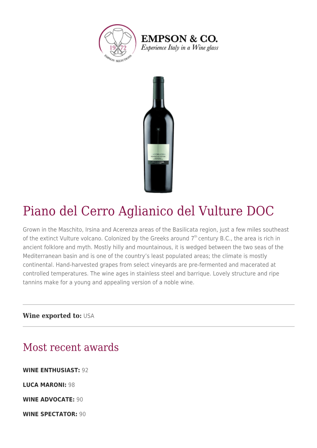 Piano Del Cerro Aglianico Del Vulture DOC