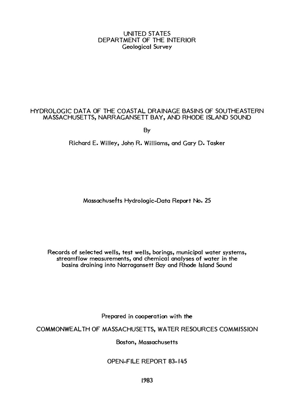 Hydrologic Data of the Coastal Drainage Basins of Southeastern Massachusetts, Narragansett Bay, and Rhode Island Sound