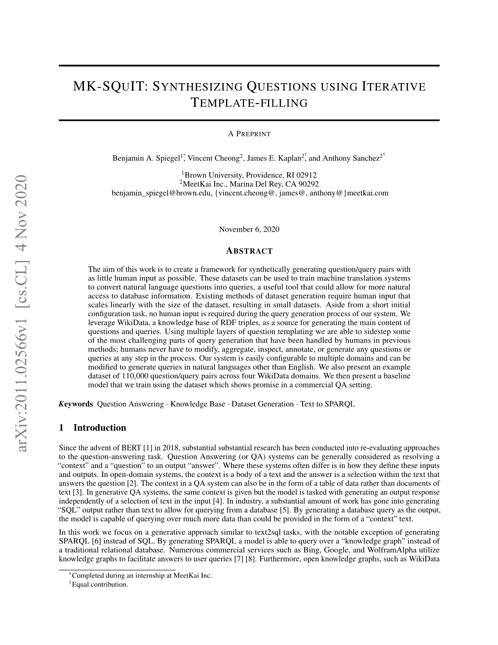 MK-Squit: Synthesizing Questions Using Iterative Template-Filling