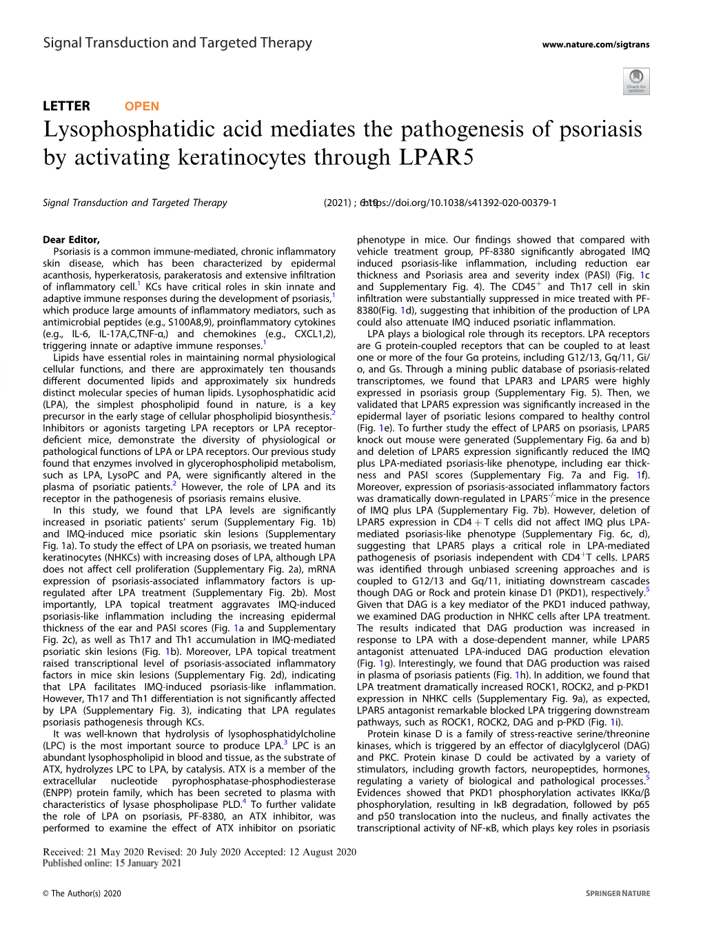 Lysophosphatidic Acid Mediates the Pathogenesis of Psoriasis by Activating Keratinocytes Through LPAR5