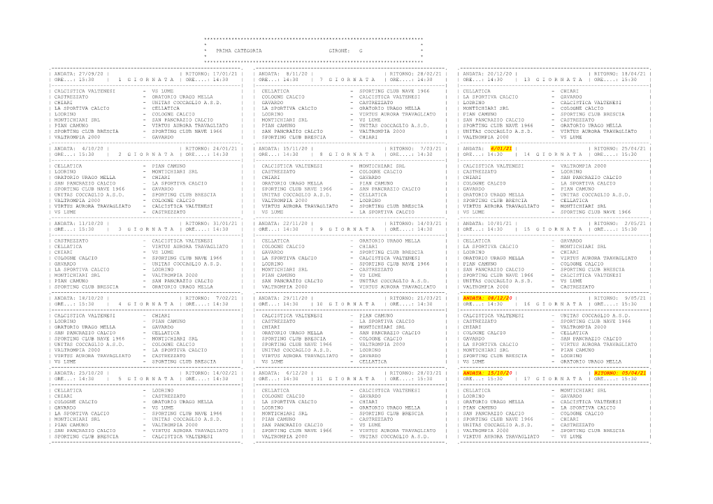 Prima Categoria Girone: G * * * ************************************************************************
