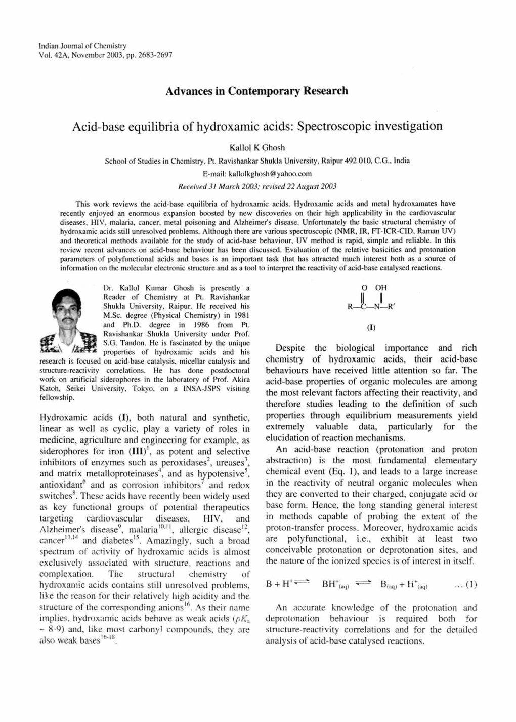 Acid-Base Equilibria of Hydroxamic Acids: Spectroscopic Investigation