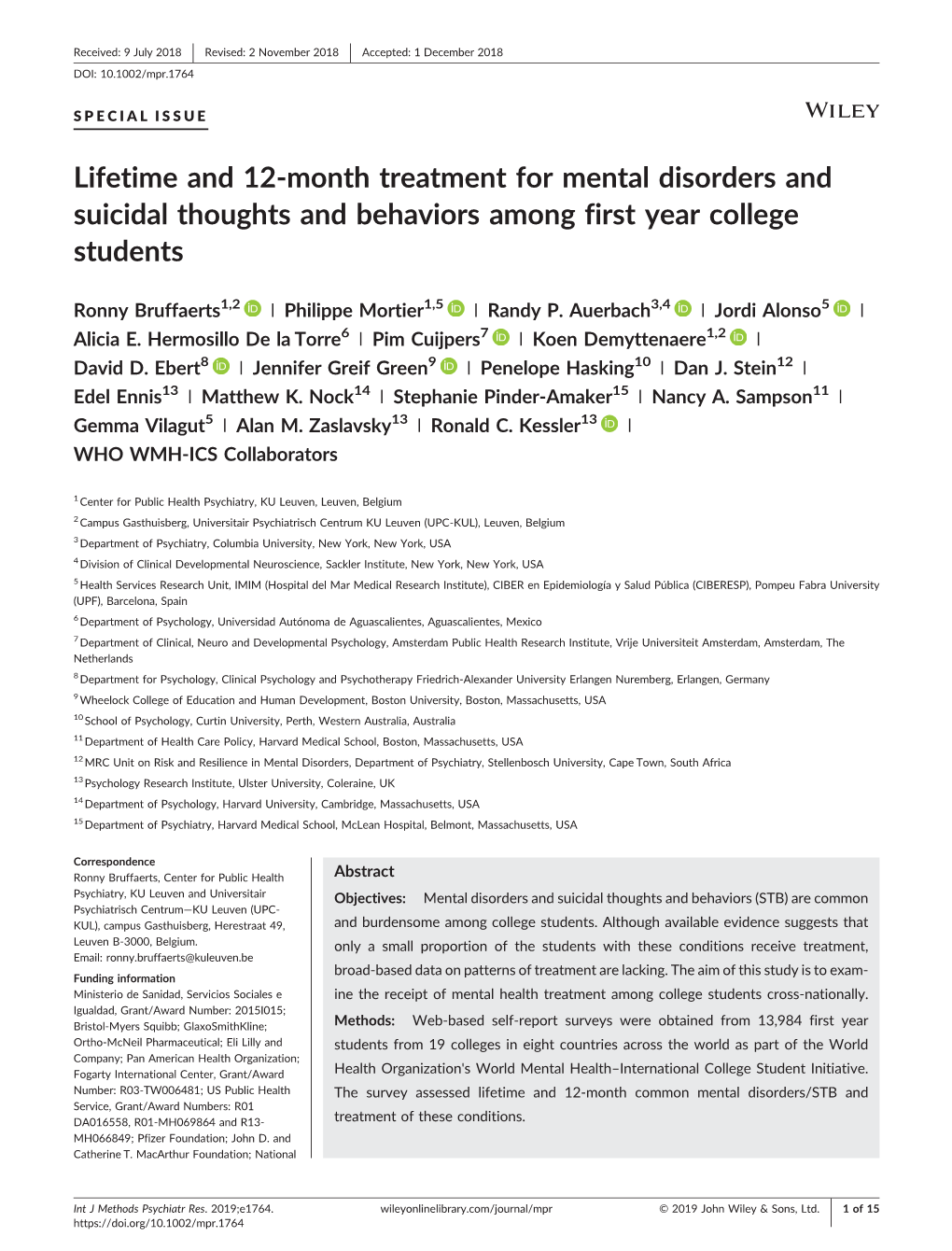 Lifetime and 12-Month Treatment for Mental Disorders and Suicidal Thoughts and Behaviors Among First Year College Students