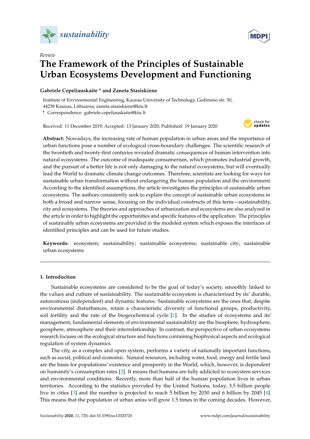 The Framework of the Principles of Sustainable Urban Ecosystems Development and Functioning