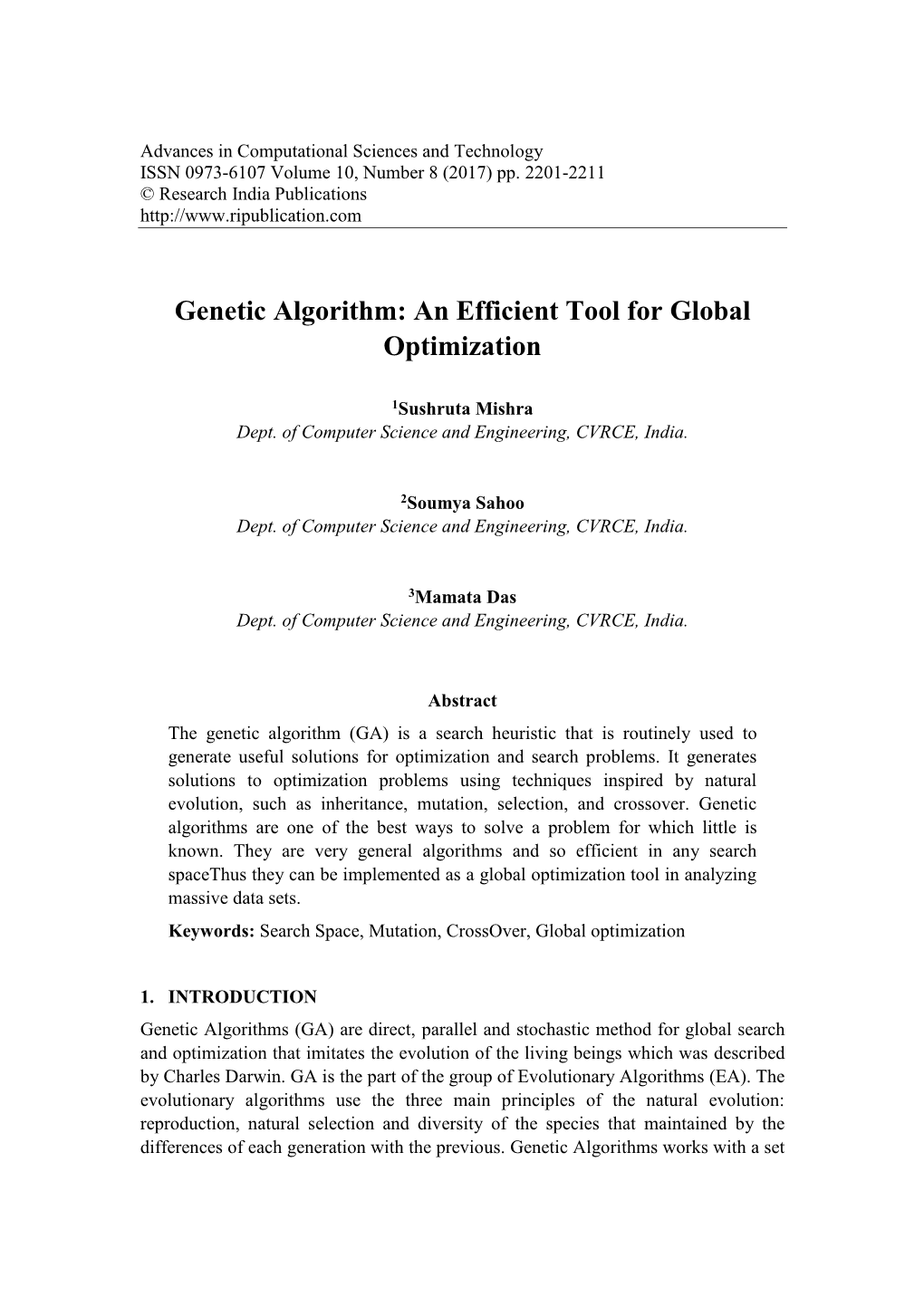 Genetic Algorithm: an Efficient Tool for Global Optimization