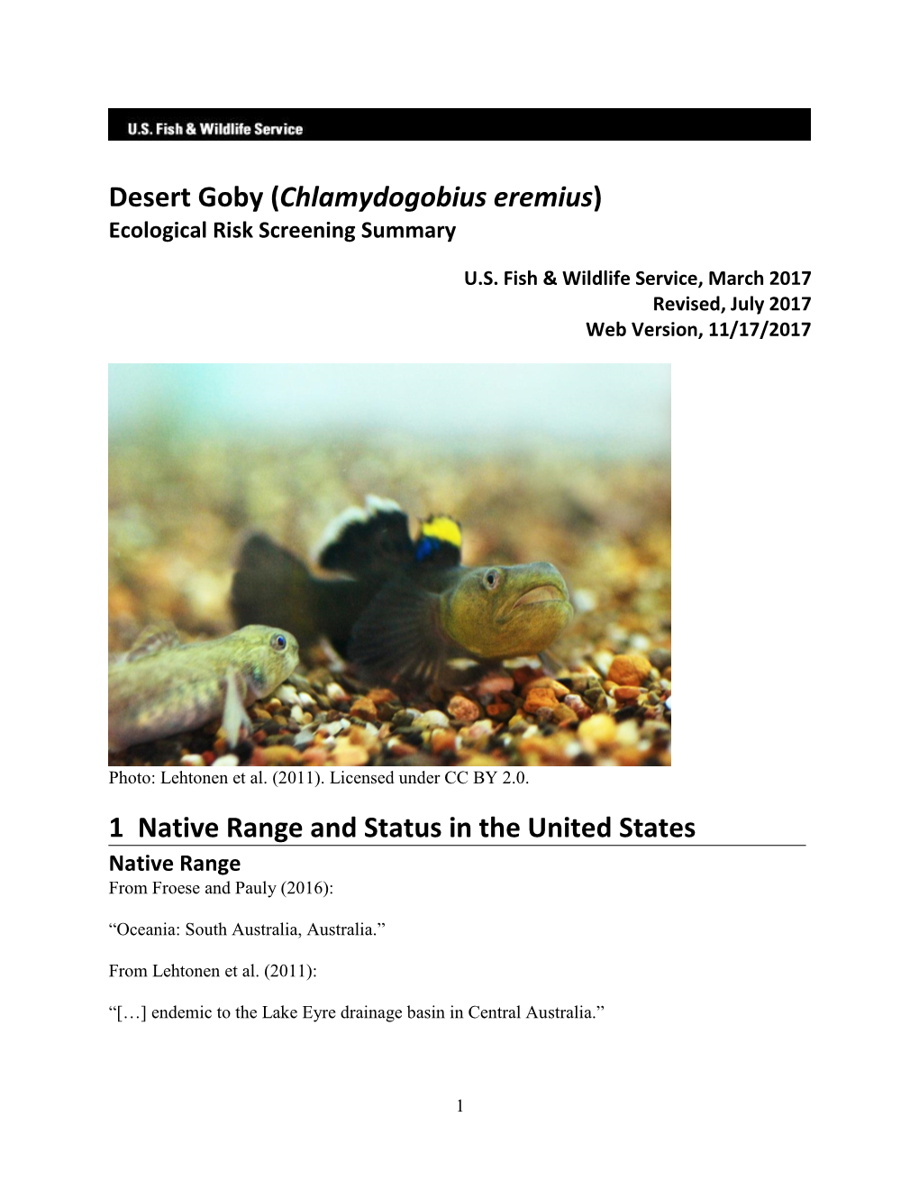 Desert Goby (Chlamydogobius Eremius) Ecological Risk Screening Summary