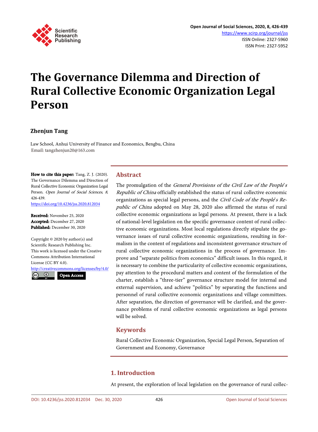 The Governance Dilemma and Direction of Rural Collective Economic Organization Legal Person