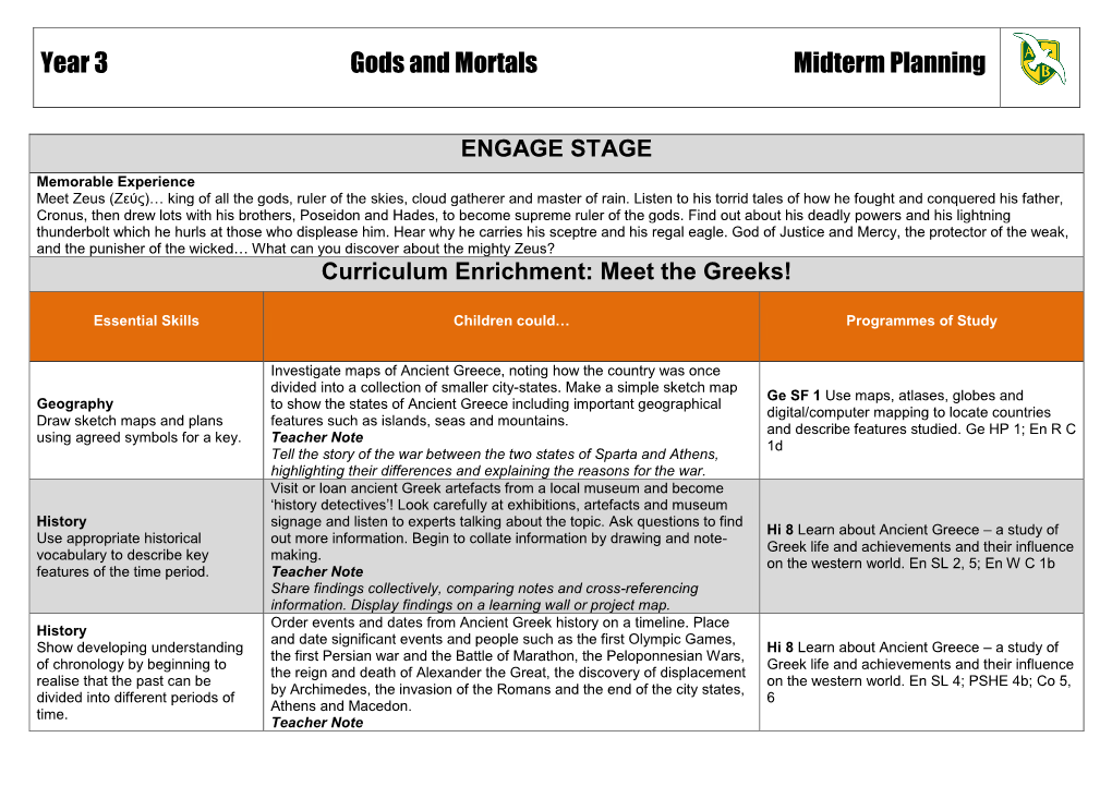 Year 3 Gods and Mortals Midterm Planning