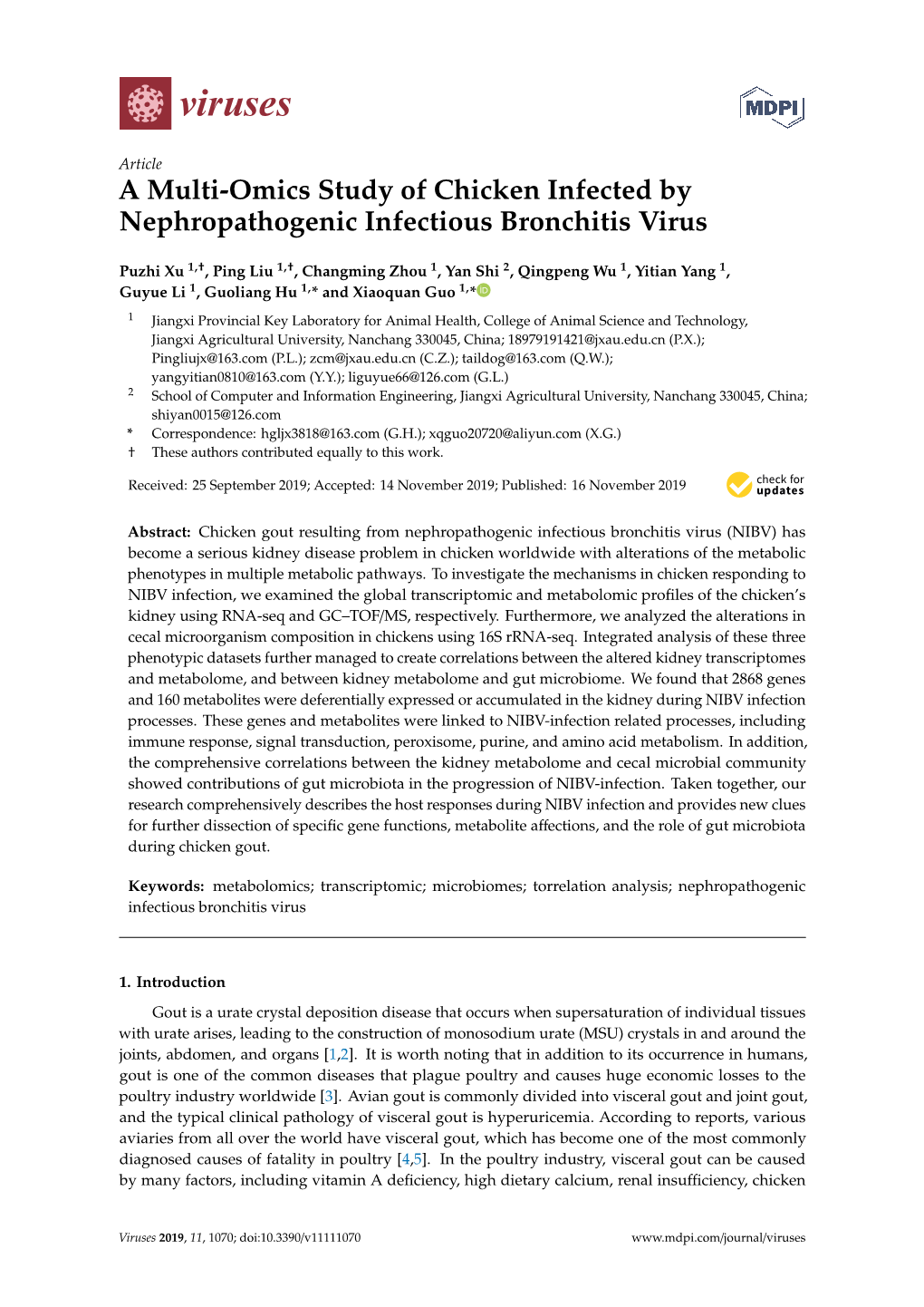 A Multi-Omics Study of Chicken Infected by Nephropathogenic Infectious Bronchitis Virus