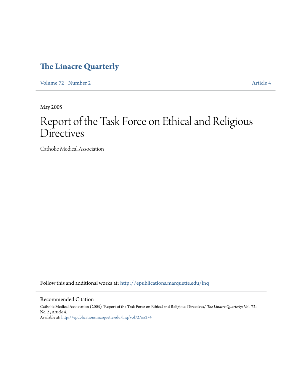 Report of the Task Force on Ethical and Religious Directives Catholic Medical Association