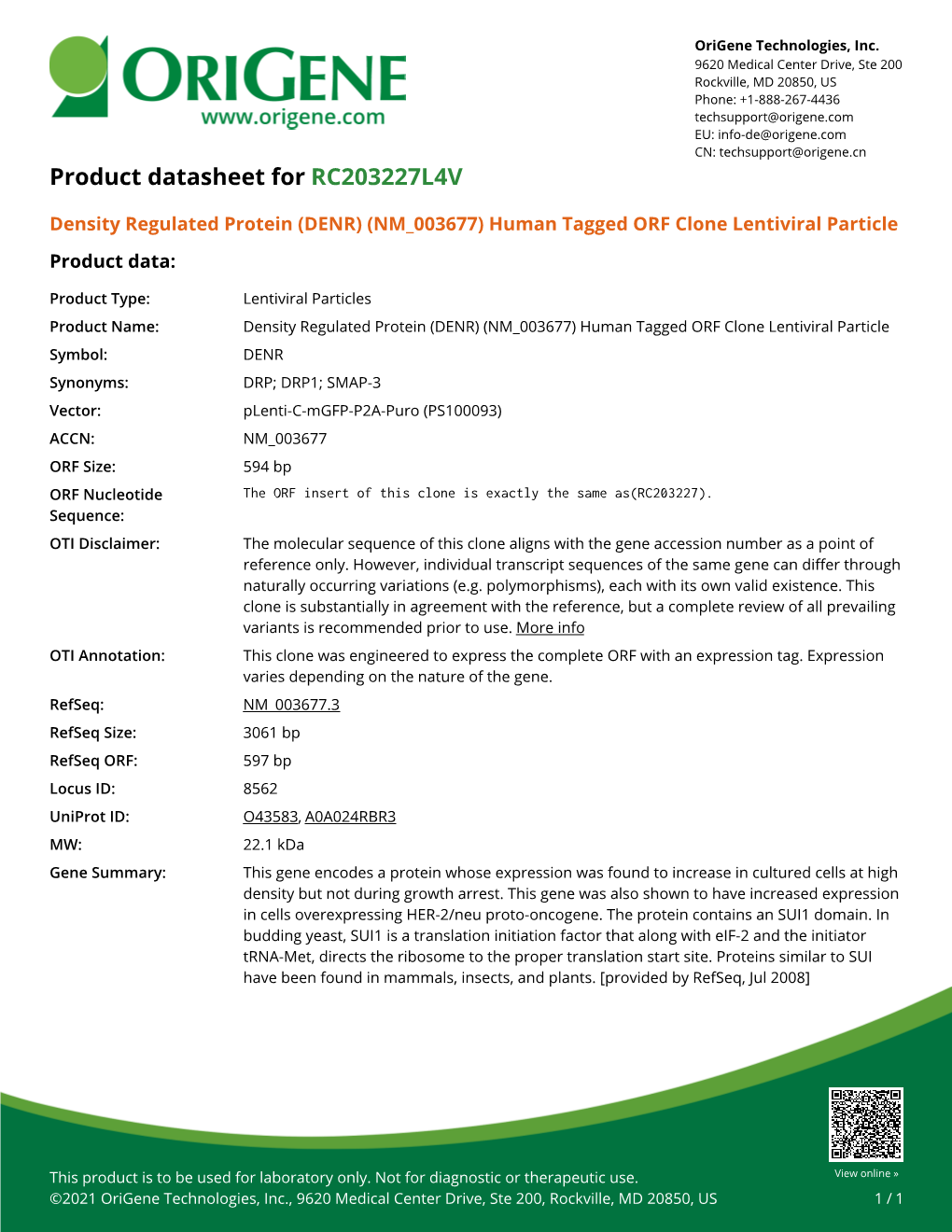 Density Regulated Protein (DENR) (NM 003677) Human Tagged ORF Clone Lentiviral Particle Product Data